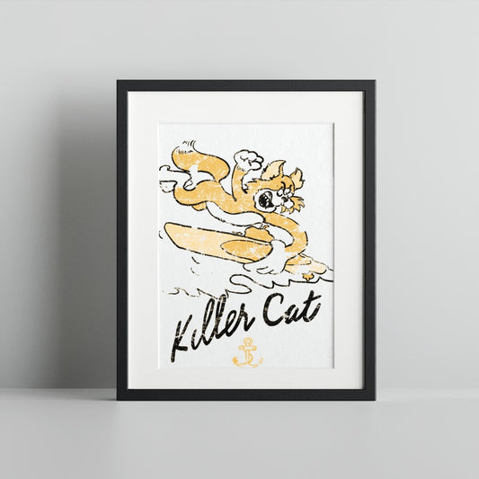 Killer Cat Action Surfboard Design Art Print