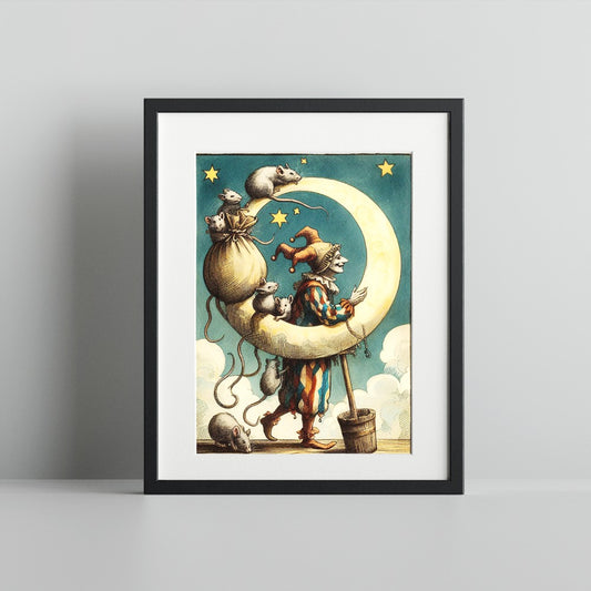 Whimsical Clown Walking on Moon with Mice Print