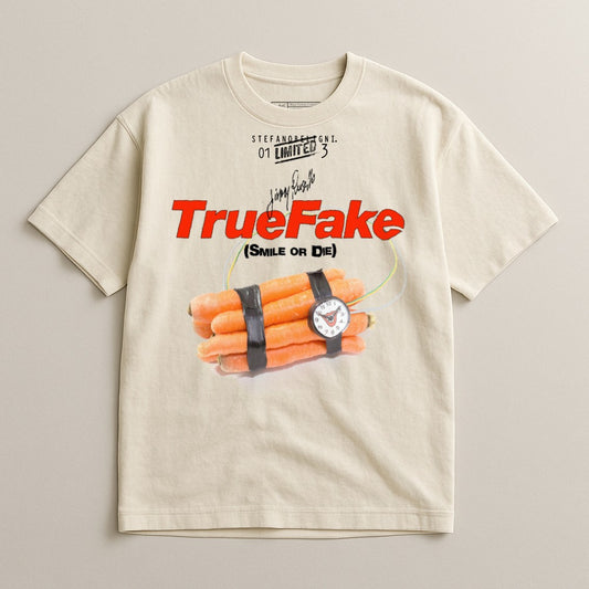 Cream t-shirt with "True Fake" slogan on a bomb made of carrots.