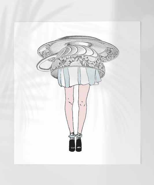 Unique Surreal Art Print with Girl and Hat Graphic