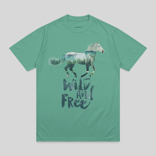 Green t-shirt with double exposure of horse and forest, text "Wild and Free".