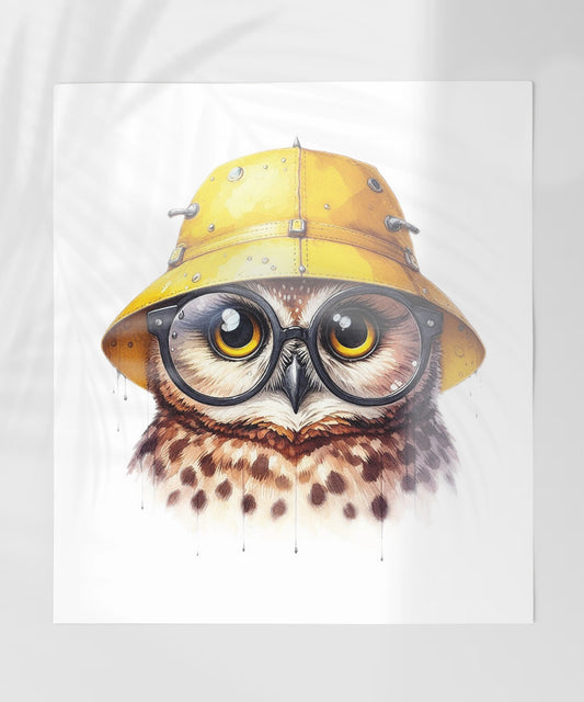 Cute Owl with Yellow Hat Glasses Wall Art Print