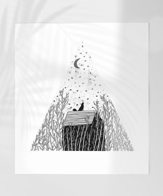 Moonlit Night Sky and Wildlife Silhouette Art Print