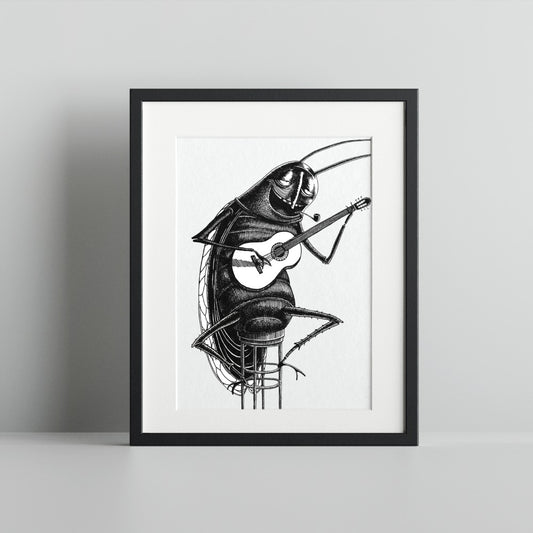 Humorous Insect Playing Guitar Art Print for Home Decor