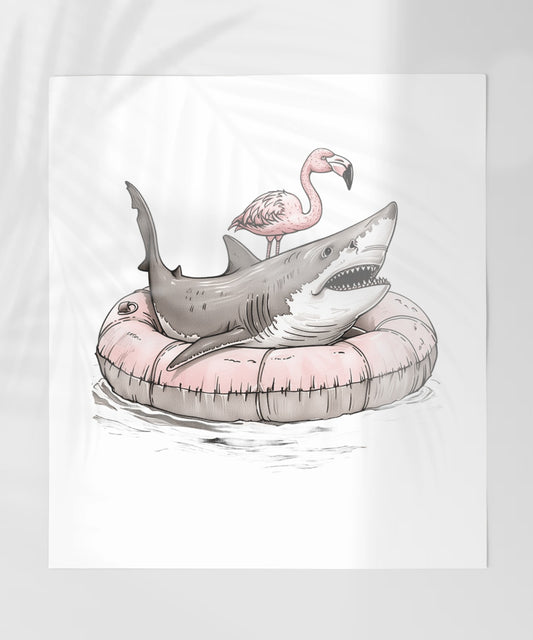 Shark with Flamingo on Inflatable Ring Print