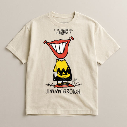 Cream t-shirt with cartoon character, red lips, and "JIMMY BROWN" text.