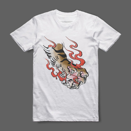 Flaming Claw Graphic Design on White T-Shirt Product