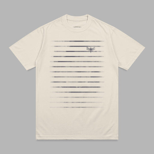 Cream t-shirt with horizontal grey stripes and a dragonfly graphic.