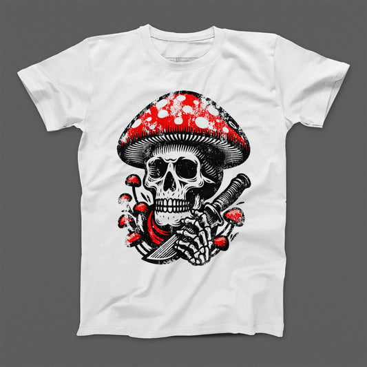 Skull with Knife and Mushroom Graphic T-shirt Product