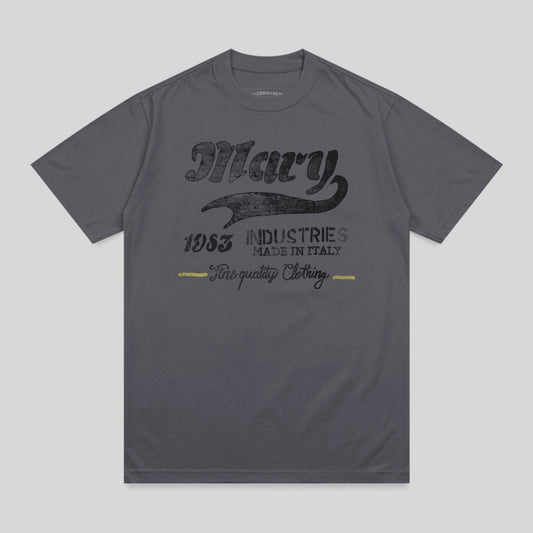 Dark grey t-shirt with "Mary 1953 Industries" and "Fine quality Clothing" text.