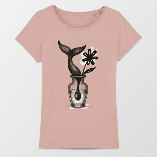 Whale tail and flower in a glass vase, printed on a pink t-shirt.