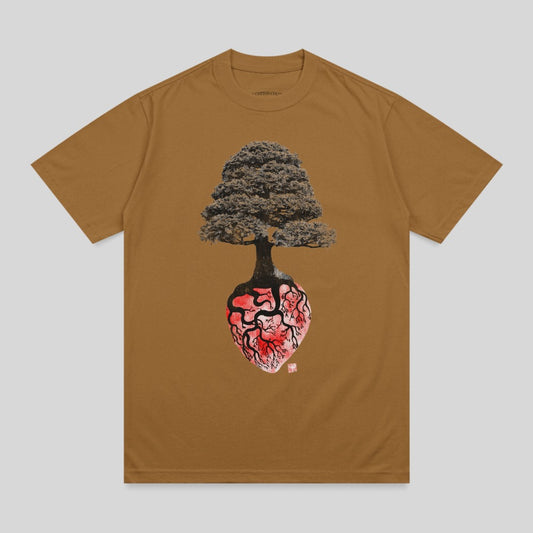 Brown t-shirt with an anatomical heart with a bonsai tree growing from it.