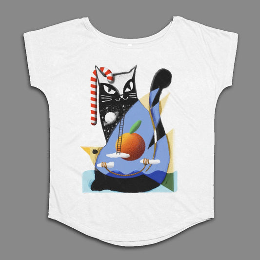 Abstract Cat and Fruit Artwork on White T-Shirt