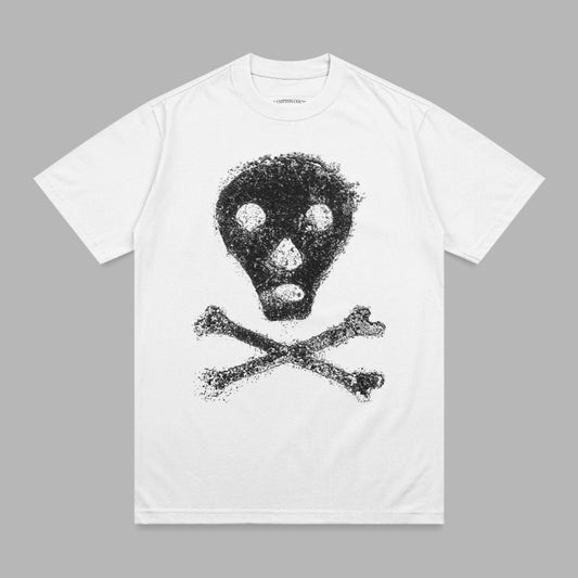 White t-shirt with a black distressed skull and crossbones graphic.