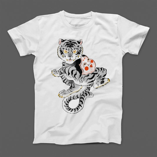 White Shirt with Artistic Tiger and Mask Design Product
