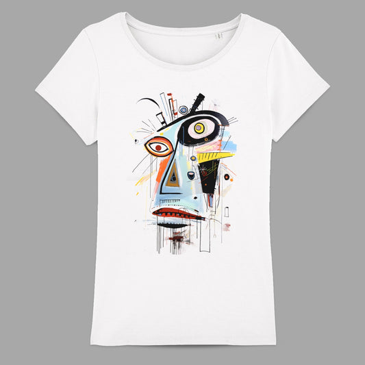 Colorful Abstract Face Art on White T-shirt Product