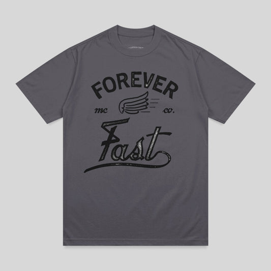 Grey t-shirt with "Forever Fast mc co." graphic and wing design.