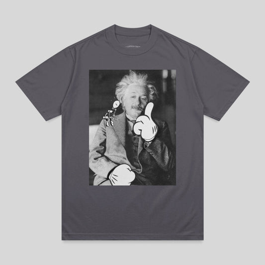 Albert Einstein giving a thumbs up, with Mickey Mouse hands.