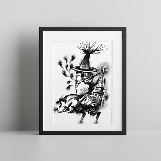 Plague Doctor Holding Opossum With Surreal Elements Print