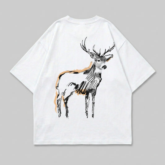 White t-shirt with a sketch of a deer, accented with orange lines.