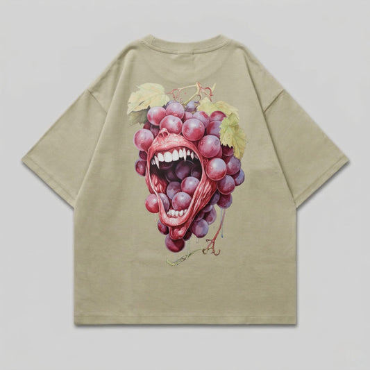 T-shirt with a surreal, screaming cluster of grapes design.