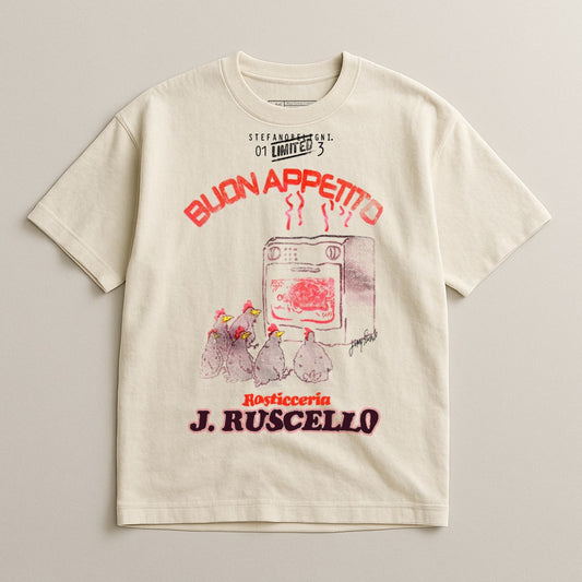Cream t-shirt with "Buon Appetito" and a drawing of chickens near a rotisserie oven.