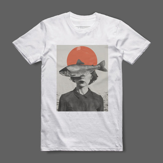 Surreal Abstract Woman with Fish and Red Sun T-shirt