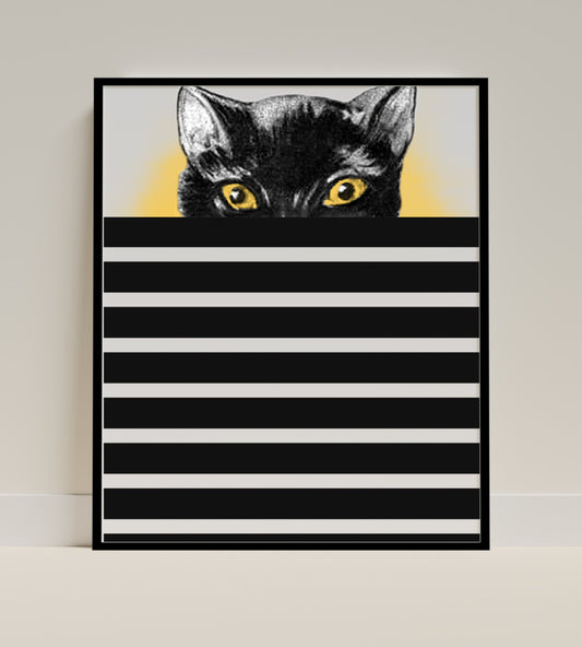 Cat Peeking Over Black And White Stripes Art Print