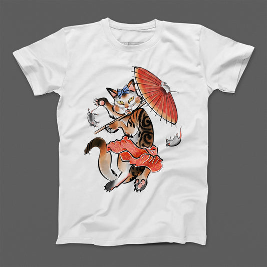 Cat with Umbrella and Mice Graphic T-Shirt