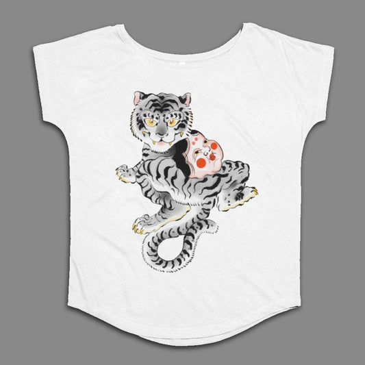 White Shirt with Graphic Tiger Holding Red Mask Design