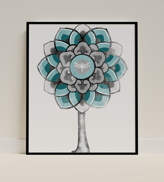 Intricate Blue and Gray Floral Tree Artwork Print