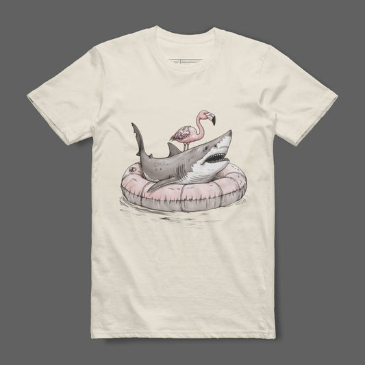 Flamingo Riding Shark Graphic Tee Shirt