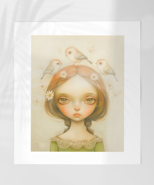 Whimsical Portrait of Girl with Birds Decor Print