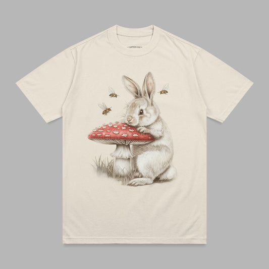 White rabbit red mushroom three bees whimsical nature graphic product type