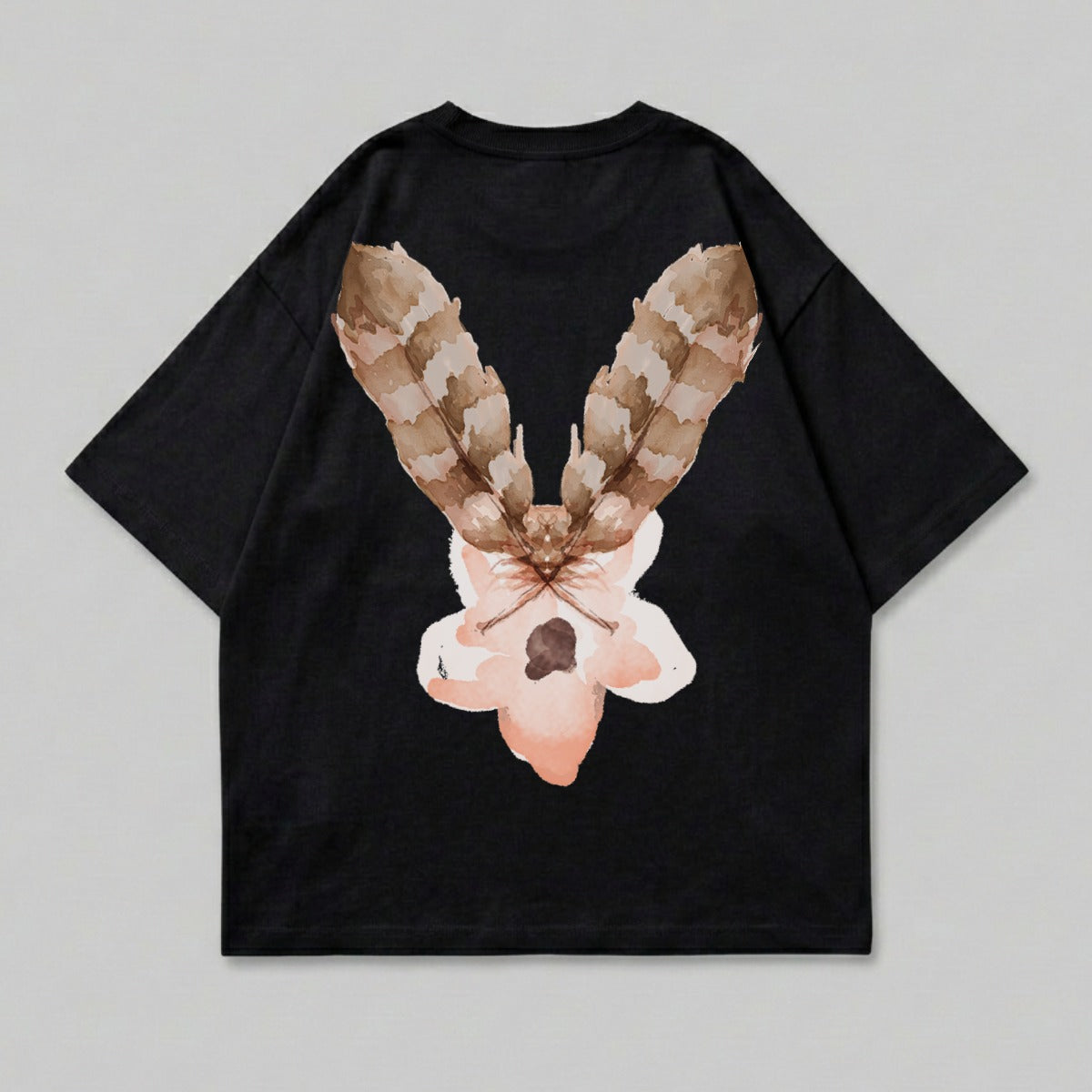 Black t-shirt with watercolor moth and flower design on back.