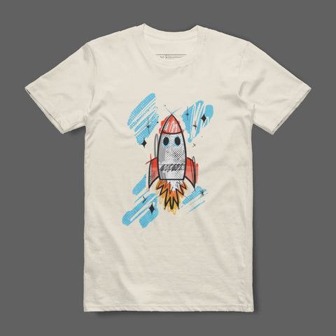 Cute Hand-Drawn Rocket Ship Design on T-shirt