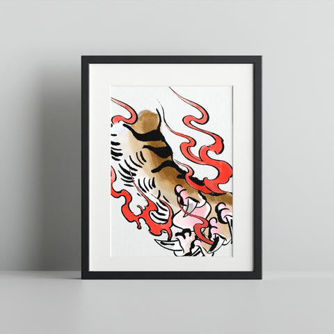 Fierce Tiger Claw with Red Flames Framed Art Print