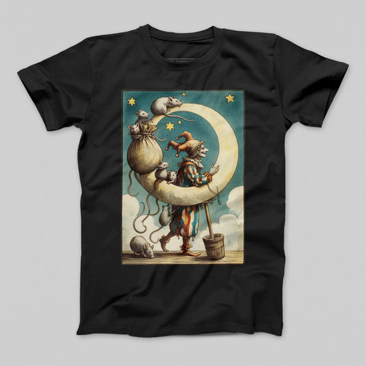 Whimsical Joker with Mice and Moon Graphic T-Shirt
