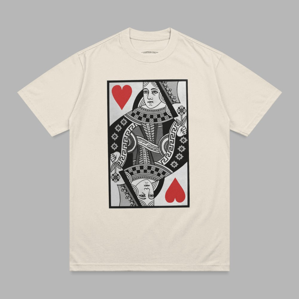 Queen of Hearts playing card design on a cream t-shirt.