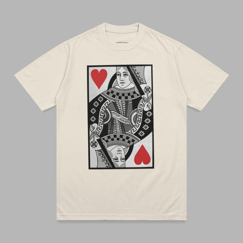Queen of Hearts playing card design on a cream t-shirt.