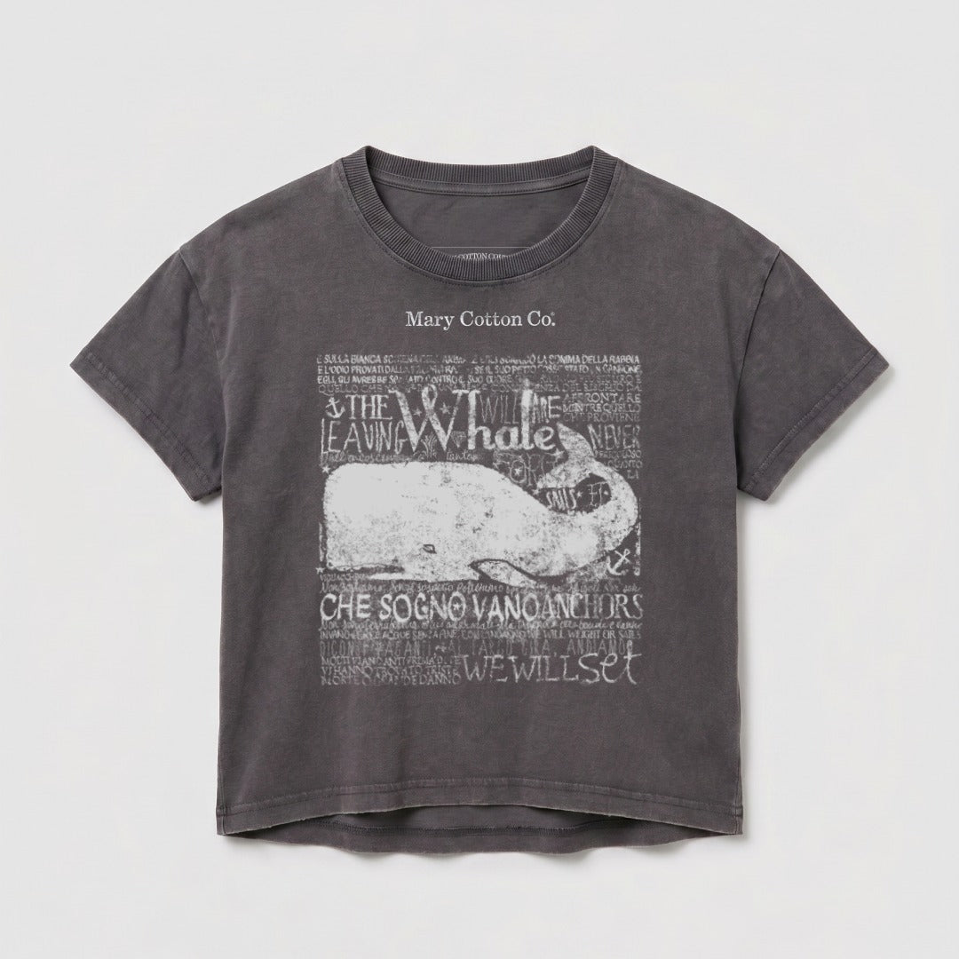 Dark grey t-shirt with a whale graphic and distressed text.
