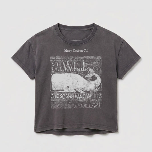 Dark grey t-shirt with a whale graphic and distressed text.