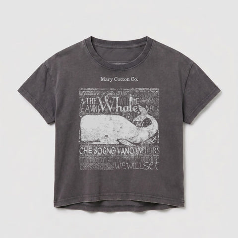 Dark grey t-shirt with a whale graphic and distressed text.