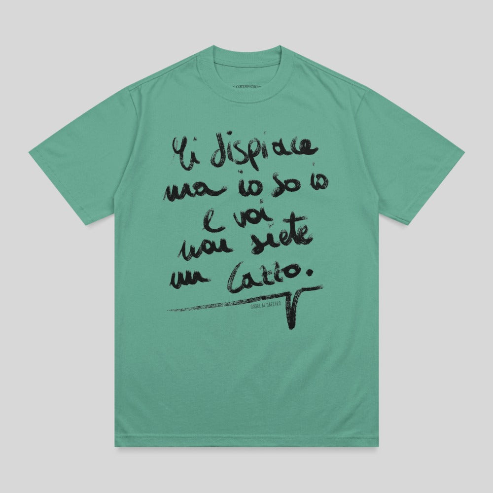 Green t-shirt with black handwritten Italian text "Mi dispiace ma so io e voi nou siete un Catio."