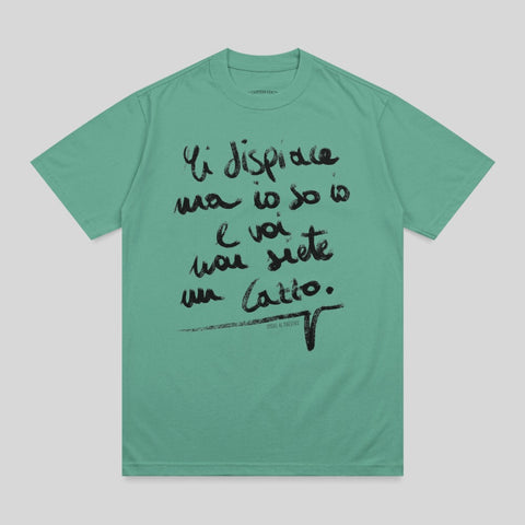 Green t-shirt with black handwritten Italian text "Mi dispiace ma so io e voi nou siete un Catio."