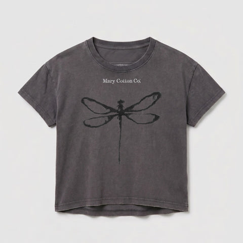 Dark grey t-shirt with a black dragonfly graphic and "Mary Cotton Co." text.
