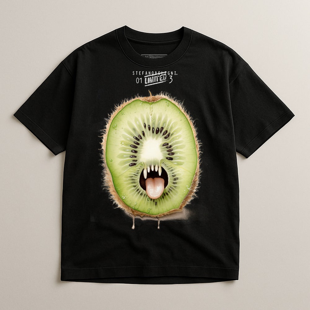 Black t-shirt with a kiwi fruit design featuring fangs, dripping juice, and fur.
