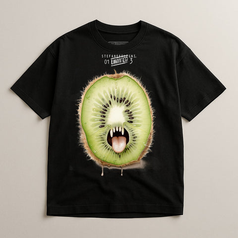 Black t-shirt with a kiwi fruit design featuring fangs, dripping juice, and fur.
