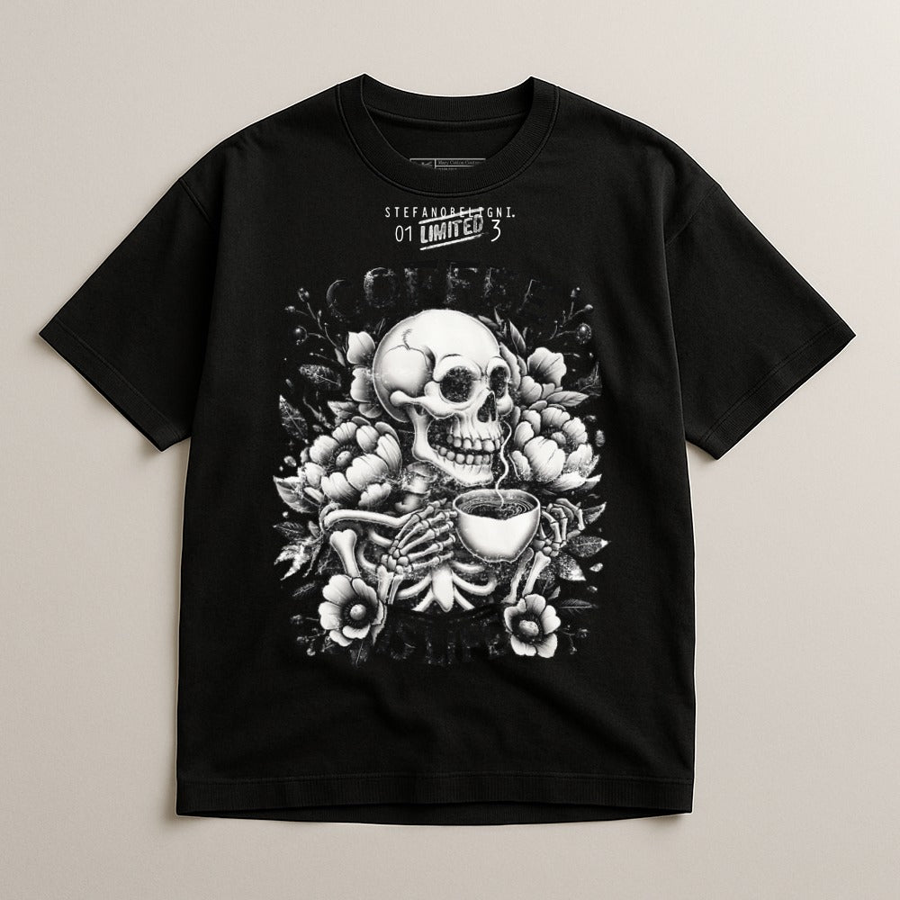 Skull with Coffee and Floral Pattern Shirt