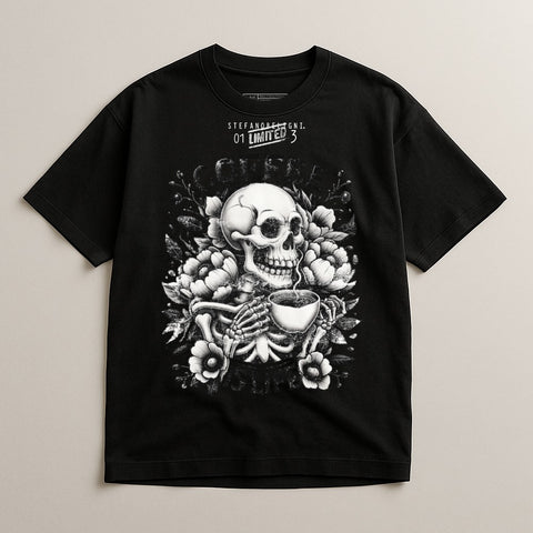 Skull with Coffee and Floral Pattern Shirt